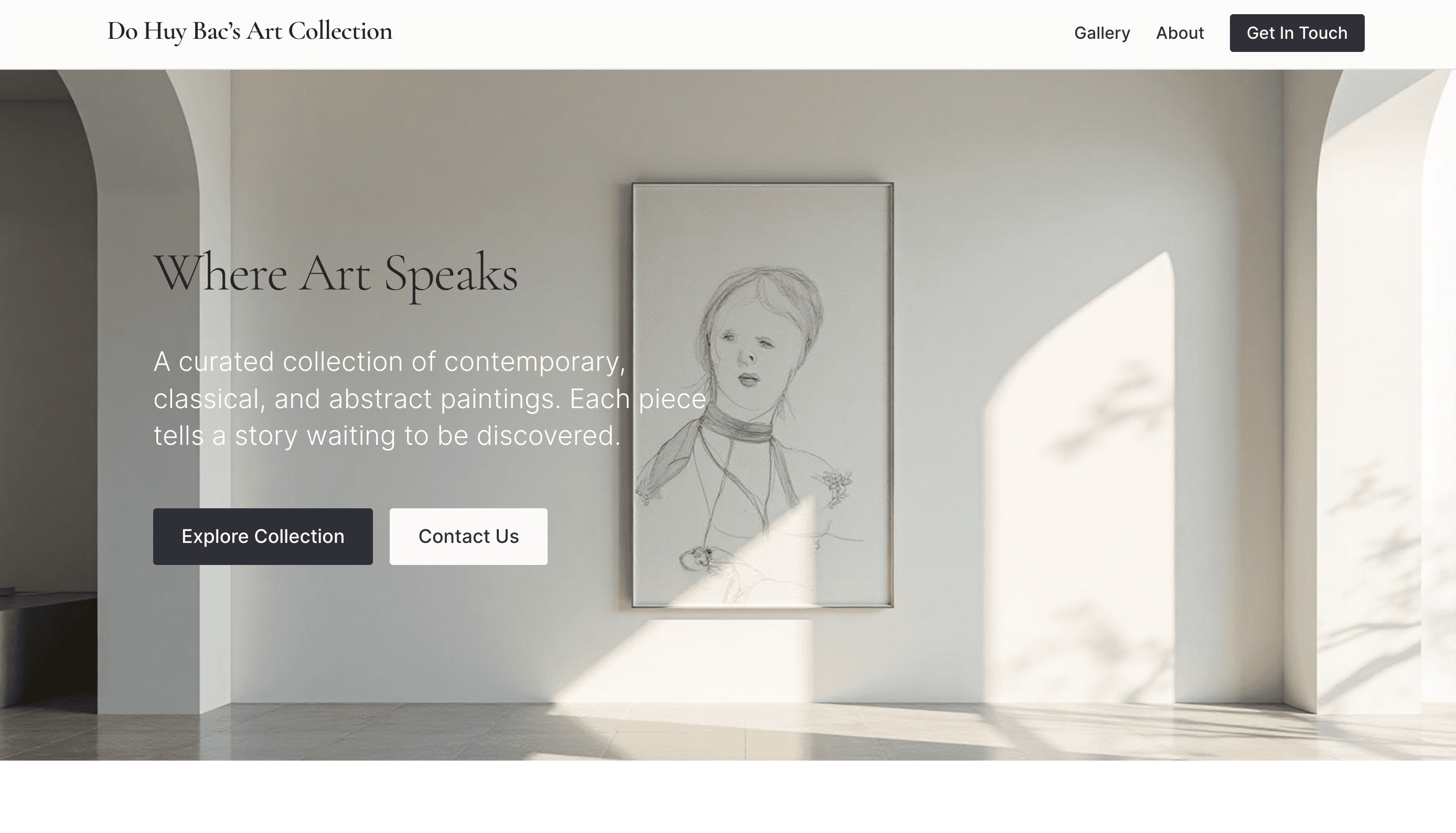 Home page - Cinematic hero section with fluid typography and immersive background imagery, setting the gallery's tone.