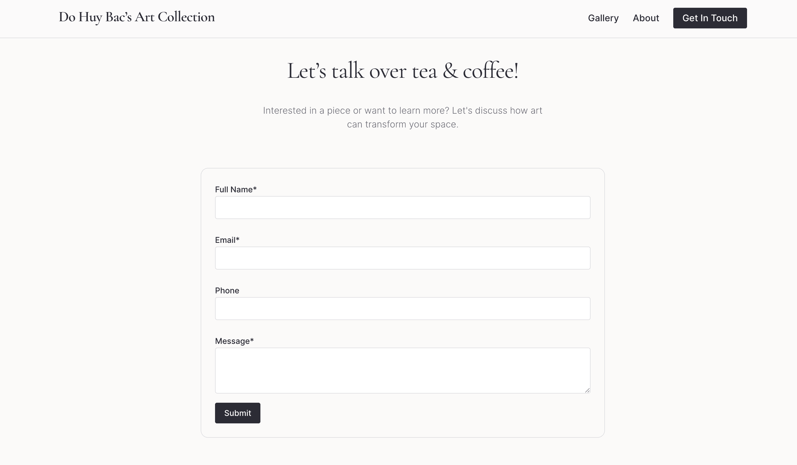 Home page - Minimalist contact interface integrated with backend automation for artist inquiries.