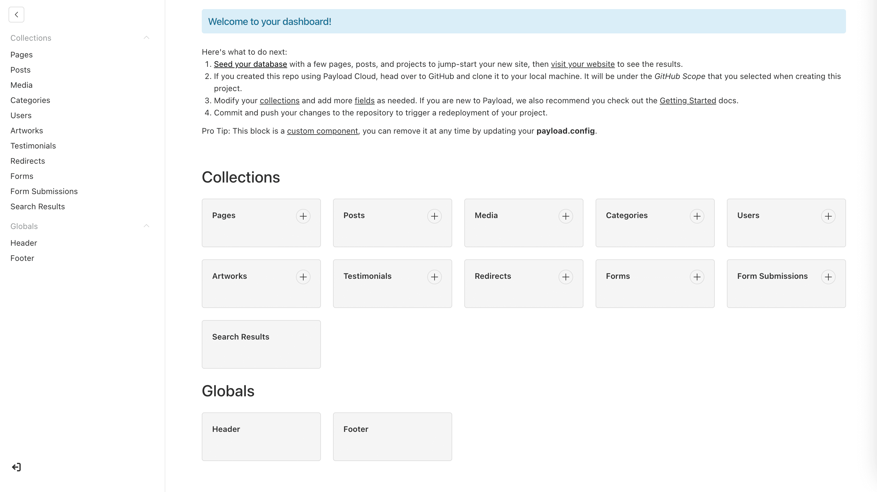 Admin - Payload CMS administrative entry point, providing a central hub for content and media management.