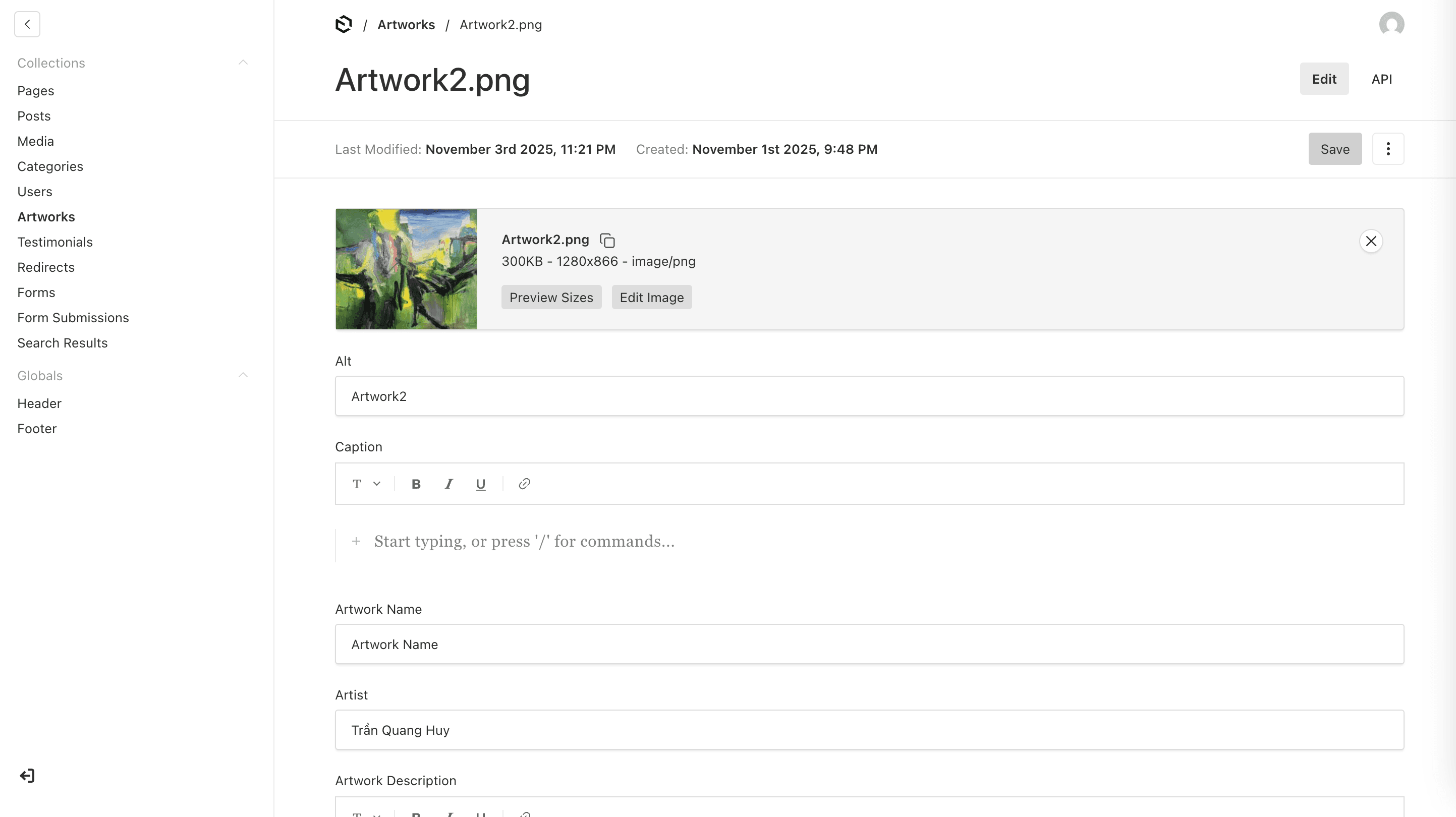 Admin - Streamlined artwork entry workflow in the CMS with automated field validation and media processing.
